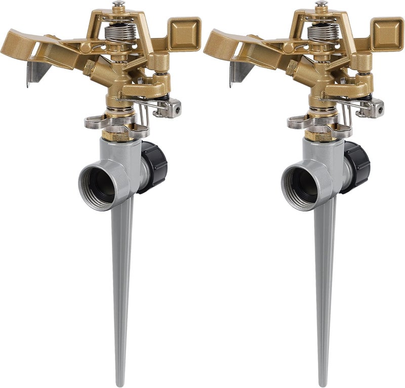Biswing 2 Pack Impact Sprinklers with Stand (Spike), Heavy Duty Zinc Alloy Lawn Sprinkler Head on Spike Base, Adjustable Watering Sprinkler for Large Area Grass Yards Patio Garden Irrigation - Image 1